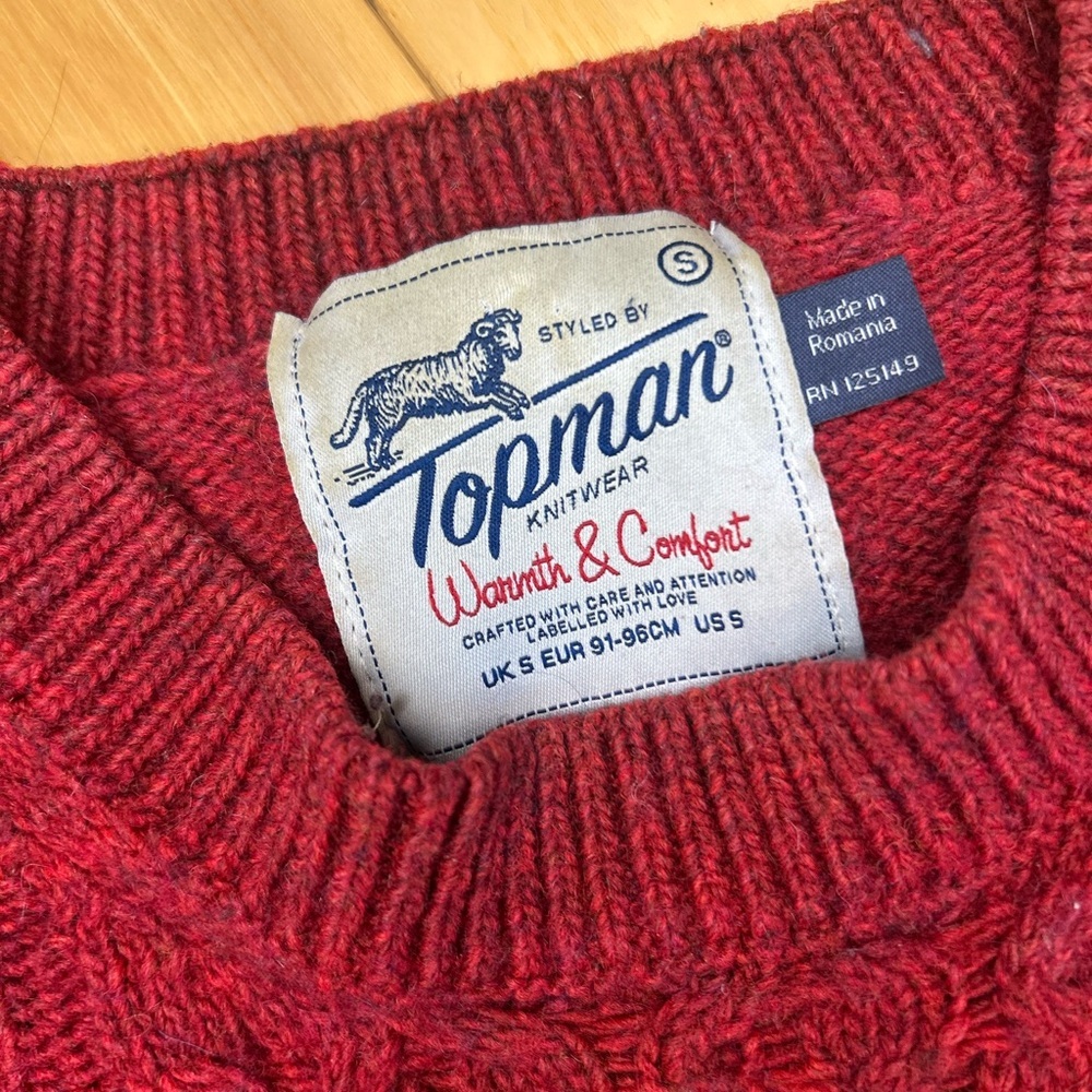 Topman Rich Red Cable Knit Wool Blend Men’s Crewneck Sweater - Picture 2 of 9